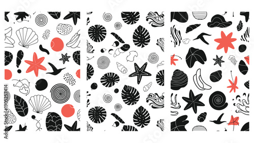 Set of three vertical patterns featuring ocean life, seashells, leaves, and abstract shapes in black, white, and coral orange colors.