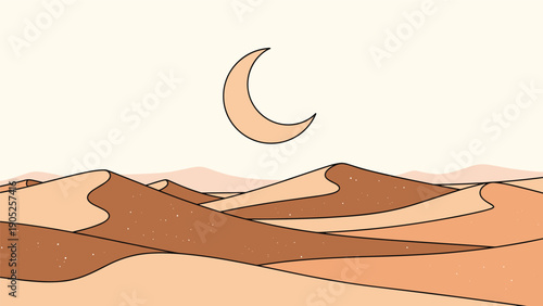 Minimalist desert landscape illustration with flowing sand dunes under a large crescent moon in warm beige and brown earthy tones.