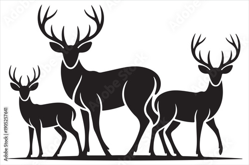 Deer silhouette vector, Black silhouette of deer vector bundle logo illustration set, deer head art, deer antlers vector illustration retro on white background.