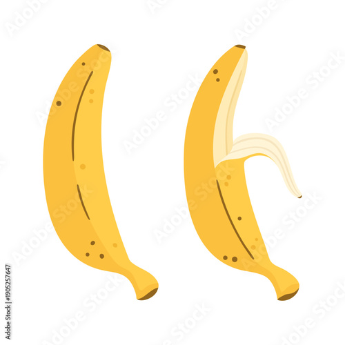 Hand-drawn vector set of two yellow bananas isolated on white. High-quality flat illustration featuring one whole ripe banana and one half-peeled fruit. Perfect for healthy food and snack design.