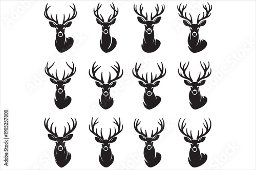 Deer silhouette vector, Black silhouette of deer vector bundle logo illustration set, deer head art, deer antlers vector illustration retro on white background.