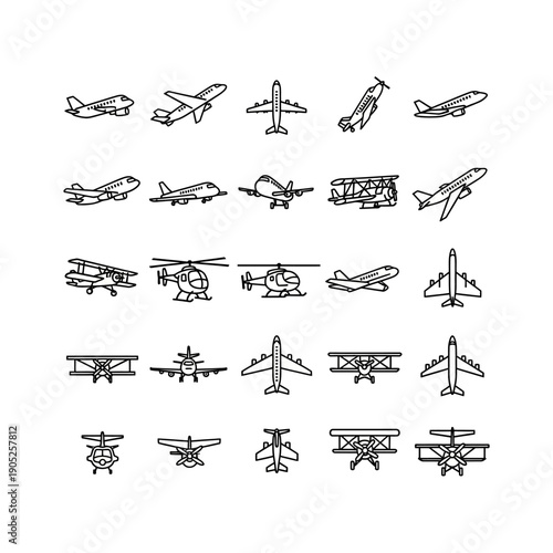 Collection of various aircraft and helicopters in outline style.