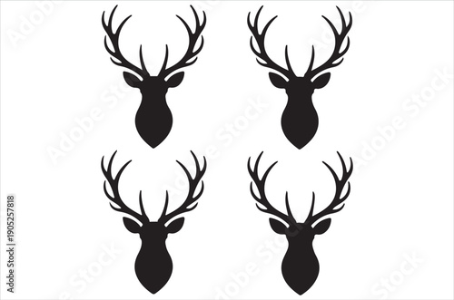 Deer silhouette vector, Black silhouette of deer vector bundle logo illustration set, deer head art, deer antlers vector illustration retro on white background.