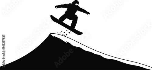 Dynamic silhouette illustration of a snowboarder catching big air off a snow ramp, capturing the thrilling essence of a winter extreme sports competition
