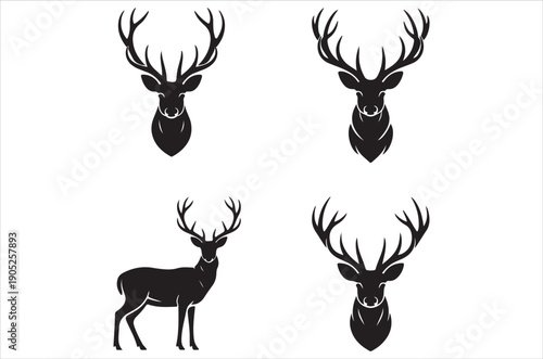 Deer silhouette vector, Black silhouette of deer vector bundle logo illustration set, deer head art, deer antlers vector illustration retro on white background.