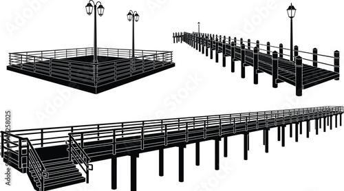 Black and white silhouettes of wooden boardwalks and ocean piers with lampposts representing coastal architecture seaside promenade summer vacation dock walkways and waterfront