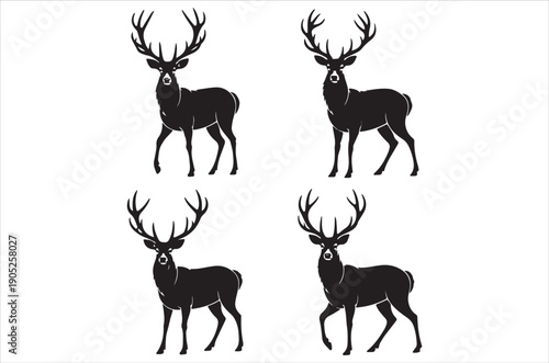 Deer silhouette vector, Black silhouette of deer vector bundle logo illustration set, deer head art, deer antlers vector illustration retro on white background.