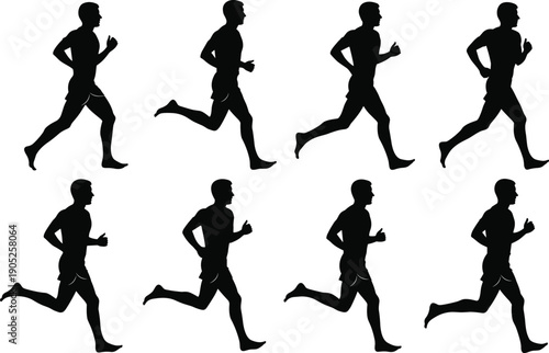 Black silhouette collection of men running in various motion frames, active male figures sprinting for fitness, sports and health concept isolated illustration.