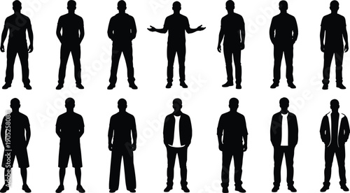 Black silhouette collection of men standing in diverse poses, male figures including business professionals and casual people isolated on white background set.
