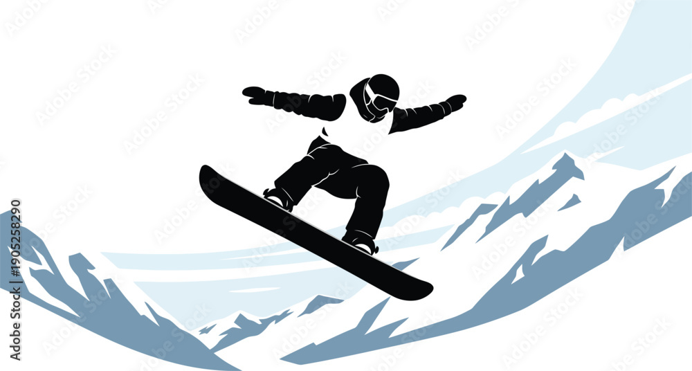 Fototapeta premium High-flying snowboarder illustration, capturing the adrenaline and skill of winter sports, reminiscent of thrilling Winter Olympics snowboarding competitions on snowy mountain slopes