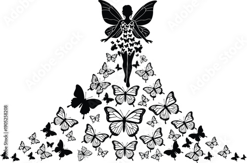 Black silhouette of a magical fairy with wings wearing a long dress made of many butterflies representing fantasy nature beauty and enchantment
