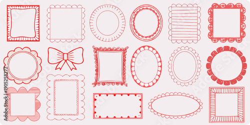 Collection of red doodle frame and border designs on a pink background
