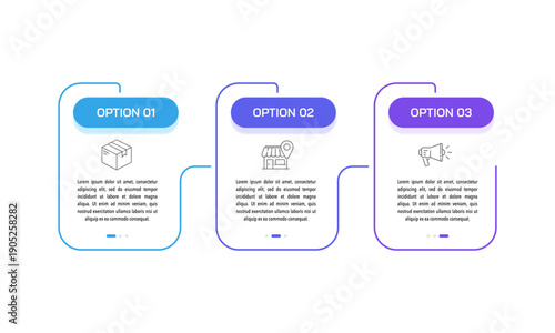 Infographic illustration showing a timeline with three options for business management. Reports, data, and strategy. Vector illustration.
