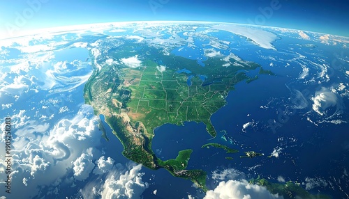 Bird's-eye view of North America, Earth, and cloudy skies