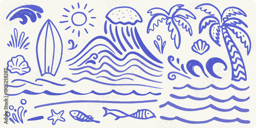 Whimsical blue line drawing of a beach scene with sun waves and marine life