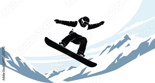 High-flying snowboarder illustration, capturing the adrenaline and skill of winter sports, reminiscent of thrilling Winter Olympics snowboarding competitions on snowy mountain slopes