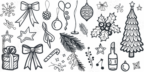A collection of hand drawn christmas ornaments and festive holiday decorations