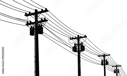 Black silhouette of electric power lines and utility poles with transformers providing high voltage energy distribution, industrial electrical grid infrastructure, and power supply.