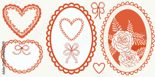 Ornate hand drawn heart and floral frame set in a single color