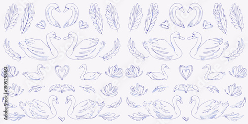 Blue line art pattern featuring swans hearts and delicate feather illustrations