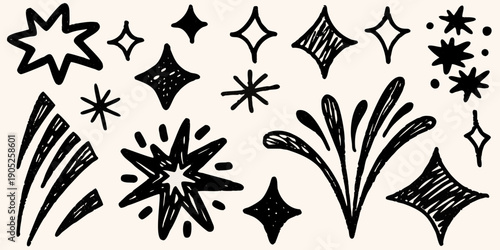 Hand drawn black sparkle and star shapes scattered on a beige background