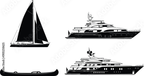 Black silhouette set of various watercraft featuring a sailing yacht, luxury motor yachts, and a long canoe for maritime travel and recreation.