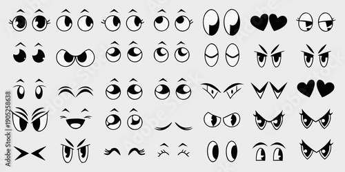 Collection of cartoon eyes and hearts in black and white