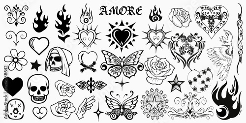 Collection of vintage blackwork tattoo flash designs featuring hearts and skulls