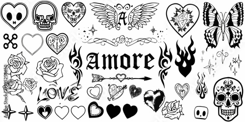 Collection of traditional tattoo flash designs featuring hearts skulls and roses