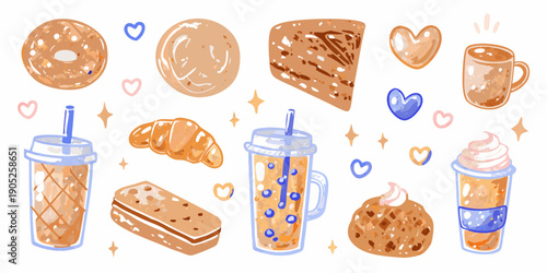 Watercolor illustration of various sweet treats and beverages arranged playfully