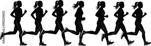 Black Silhouette Vector Illustration Featuring a Woman in Seven Stages of a Running Motion Sequence for Fitness Exercise and Sports Animation Designs,