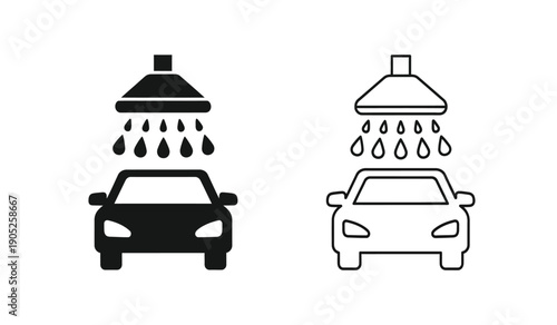 Black and white car wash icons with raindrops and shower heads on a pure