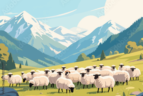 Flock of sheep grazing on lush meadow with snow capped mountains, rolling hills, and clear blue sky, symbolizing rural tranquility and pastoral life.