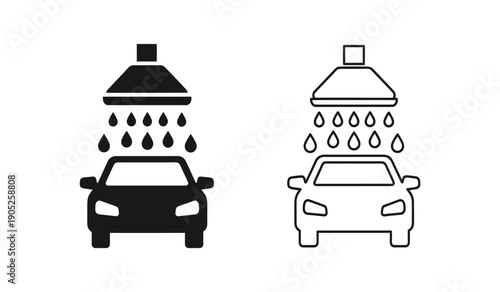 Black and white car wash icons with raindrops and shower heads