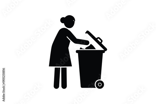 Woman in dress throwing trash into wheeled garbage bin on white background, symbol for cleanliness.