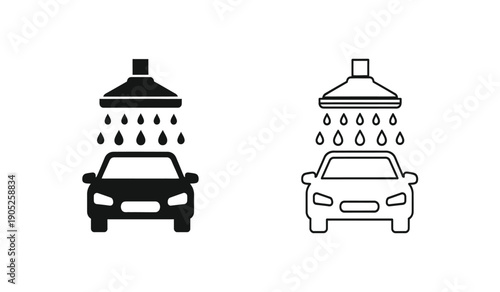 Black and white car wash icons with raindrops and shower heads on a pure