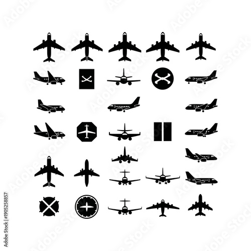 Collection of various airplane and aviation related icons and symbols.