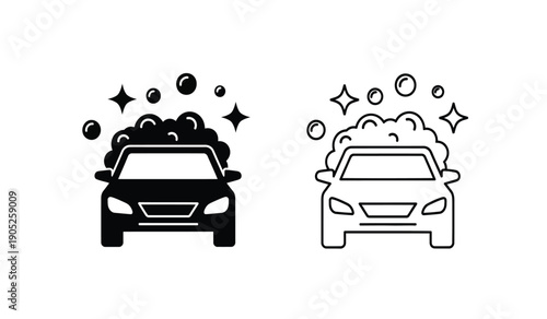 Black and white line art illustration of cars with soap bubbles and suds