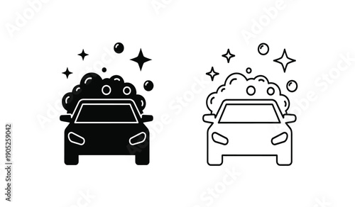 Black and white car wash icons with soap bubbles and stars on a pure