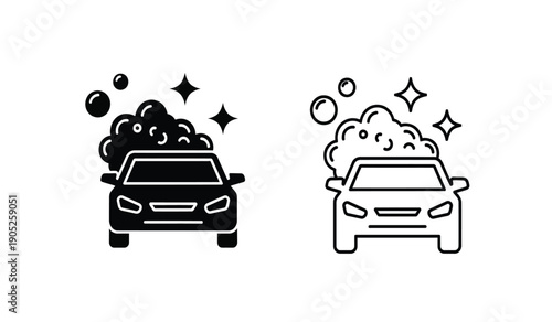 Black and white car wash icons with soap bubbles and sparkles on a clean