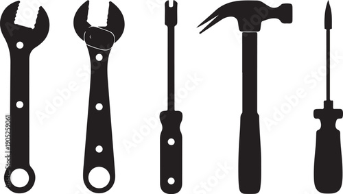 Black silhouettes of various common hand tools on white background