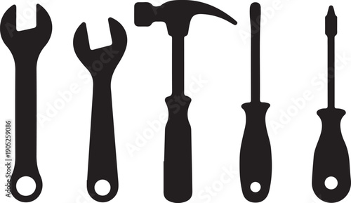 Silhouette of various hand tools on a white background