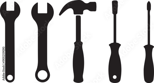 Silhouette of various hand tools on a white background