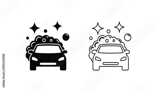Black and white car wash icons with soap bubbles and stars on a pure
