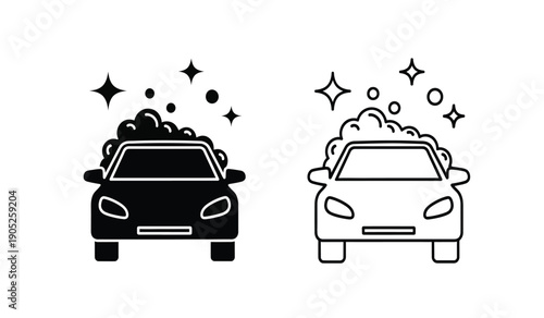 Black and white car icons with soap suds and sparkles on a pure