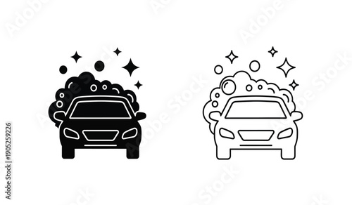 Black and white line art car wash icons with soap bubbles and sparkles
