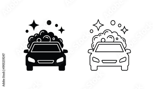 Black and white car wash icons with soap bubbles and stars