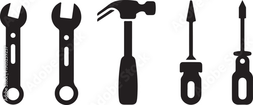 Black silhouettes of various hand tools on white background