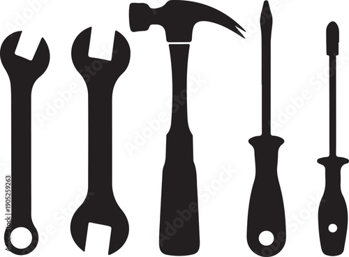 Black silhouettes of various hand tools on white background