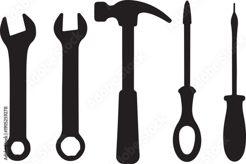 Silhouettes of various hand tools on a white background